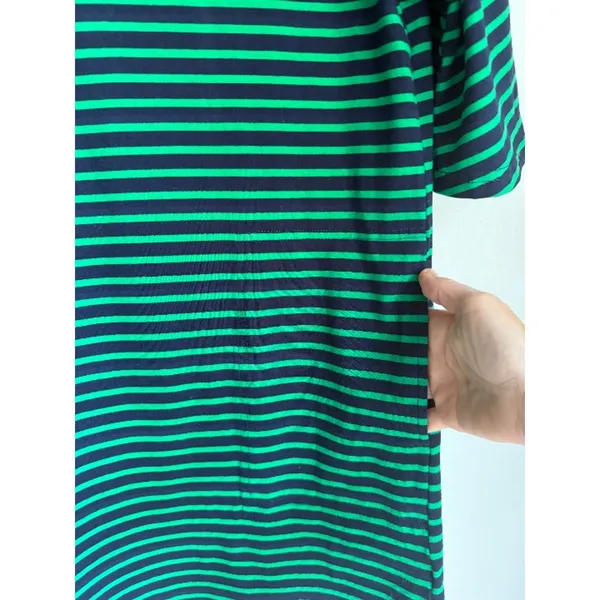 Green & Navy Striped T-Shirt Dress with Pockets | Comfy Casual Preppy Small - Image 2