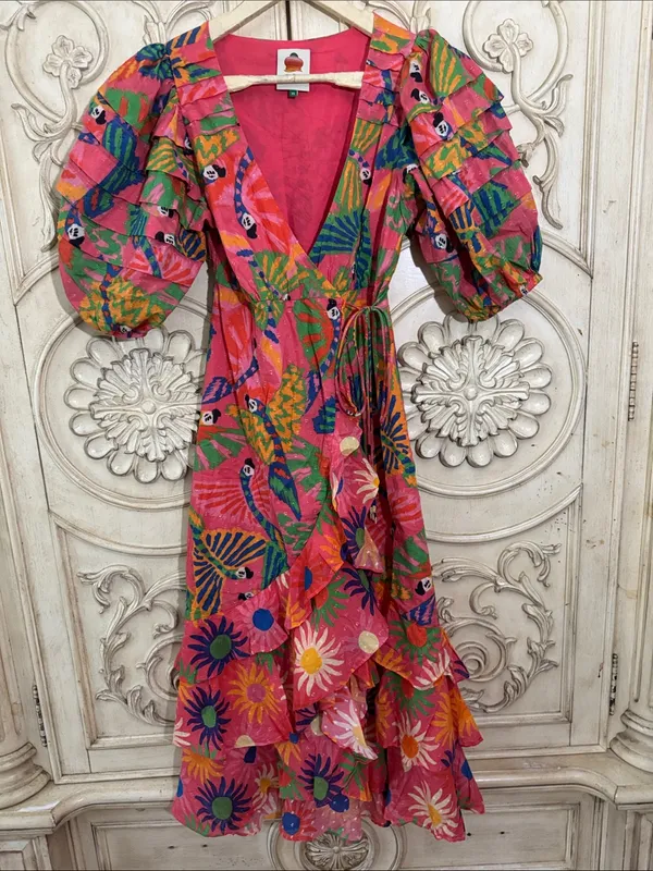 FARM Rio Coral Mixed Graphic Macaws Puff Sleeve Ruffle Hem Midi Wrap Dress XS - Image 4
