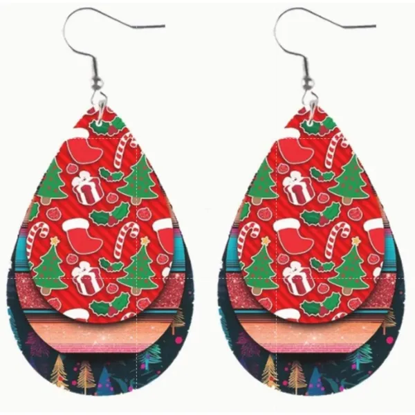 Set of 2 Christmas Teardrop Reversible PU Leather Hook Earrings C2, New! - Image 2