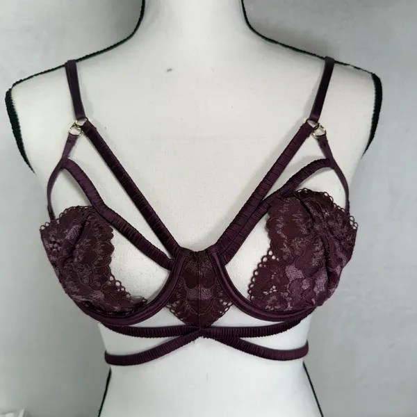 Vera Large Cage Bralette Plum Purple Lace Strappy Adjustable 30018 New Sexy Edgy - Image 2