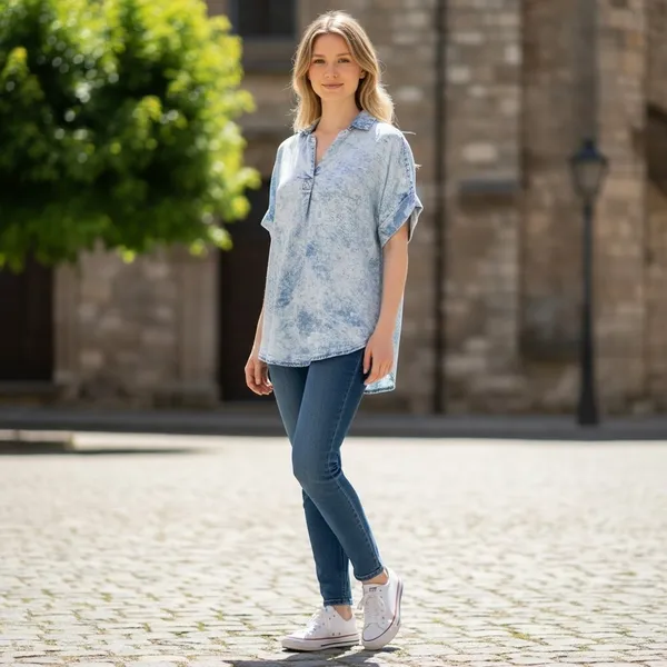 Thread & Supply Acid Wash Denim Look Tunic Top Lt Blue Short Sleeve V-Neck Relax - Image 2