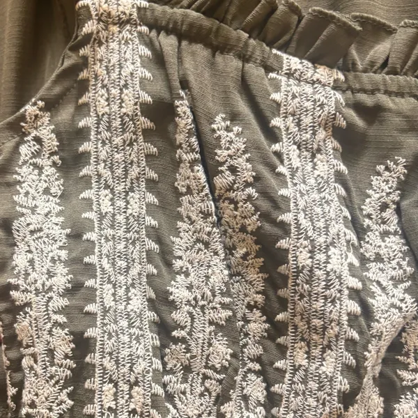 Boho Embroidered Ruffle Strap Tiered Maxi Dress Olive Brown Smocked Back Women - Image 5