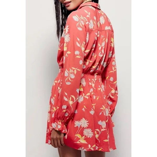 Free People‎ Ruthie Coral Floral Print Button Front Mini Shirt Dress flowy Large - Image 2