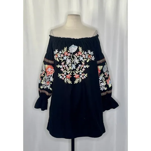 FREE PEOPLE Fleur Du Jour Mini Dress Black Floral Embroidered Off Shoulder Small - Image 2