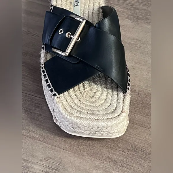 Zara Black Leather Espadrille JUTE WEDGE SANDALS - Image 7