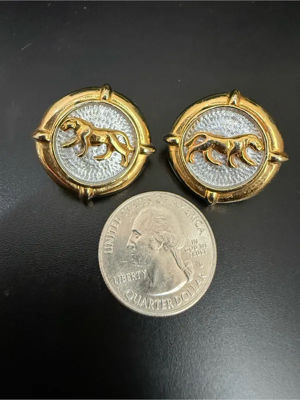Vintage Two-tone Gold with Silver Jaguar Panther Statement Runway Earrings - Image 5