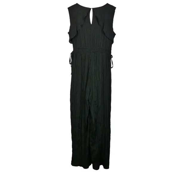 Zara Jumpsuit Womens M Black Sleeveless V-Neck Wrinkled Satin Effect Wide Legs - Image 10