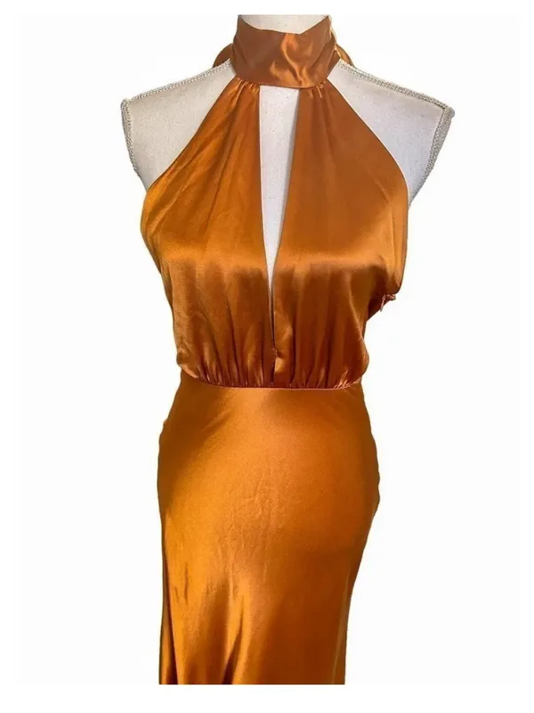 Something Navy Orange Halter Cutout Formal Bridesmaid Wedding Guest Gown Size S - Image 5