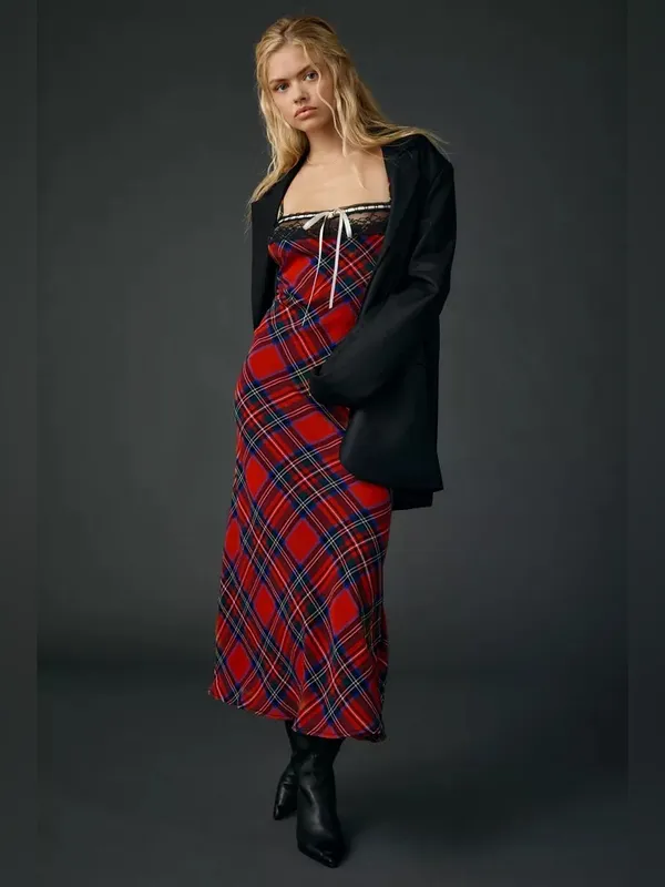 Urban Outfitters Plaid For You Lace Trim Slip Midi Dress NWT Medium - Image 2