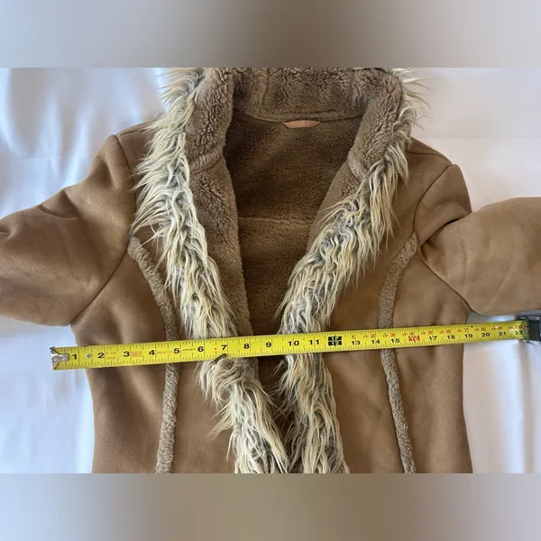 Faux Suede Tan Women's Long Coat with Faux Fur Trim - Image 3