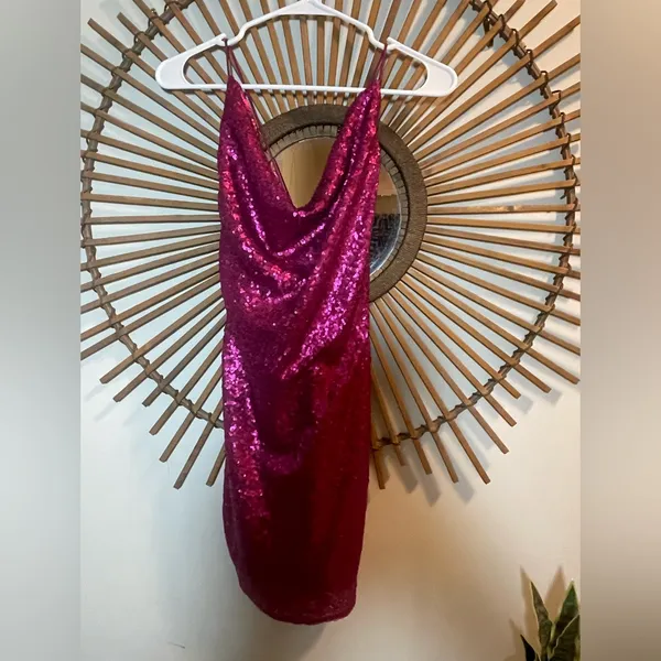 Selfie Leslie Saints & Secrets Miami Nights Cowl Neck Fuchsia Mini Dress Sequins Lace Up Prom - Image 6