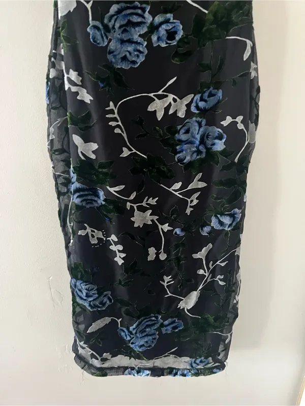 Lulus Black Blue Floral Velvet Burnout Midi Dress Small Romantic Wedding Guest - Image 3