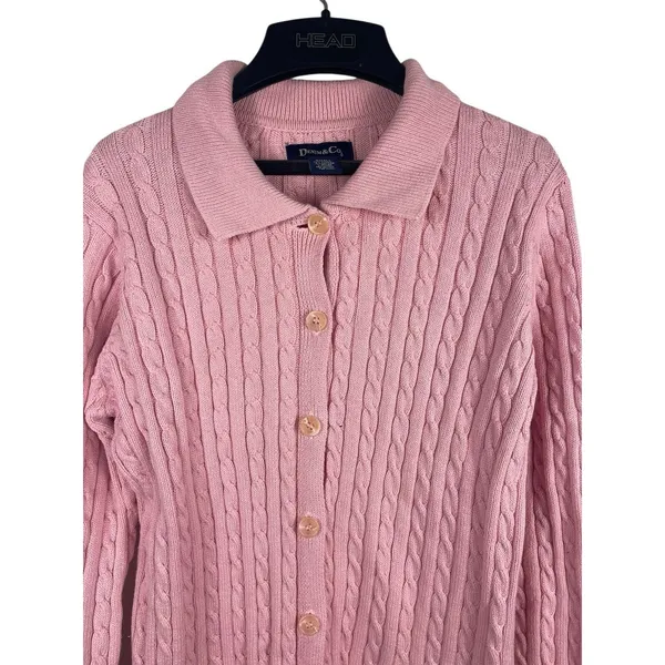 VTG Denim & Co Womens Small Pink Cable Knit Collared Button Up Cardigan Sweater - Image 2