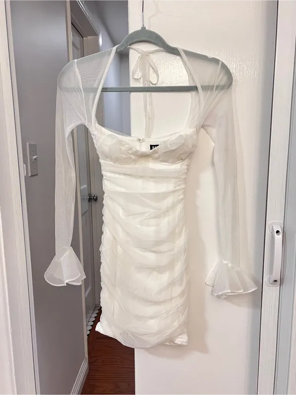 BABYBOO Brea Mini Dress-White Sheer-Sleeve White Mini Dress with Square Neck, XS - Image 3