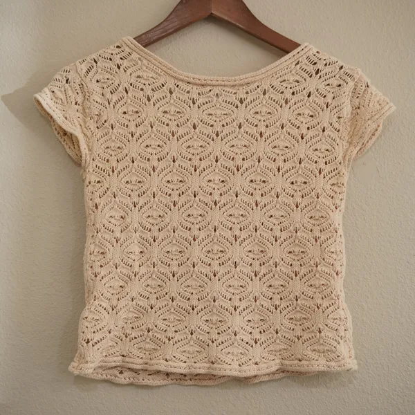 Vintage dELiA's XS Knit Top Beige Tan Pointelle Crochet Short Sleeve Shirt 90s - Image 6