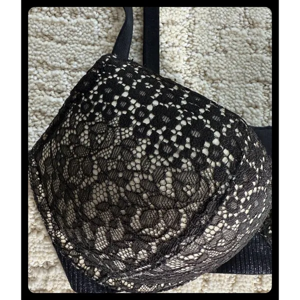 Victoria's Secret Push-Up Bra Women 32C Black Lace Shimmer Lingerie - Image 2