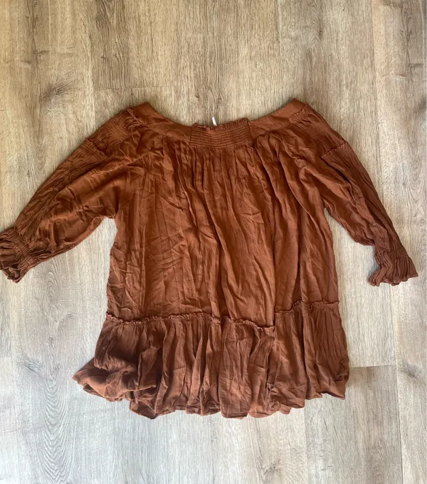 Free People Bea Mini Dress Rust Brown Boho Smocked Tiered Peasant XS - Image 6