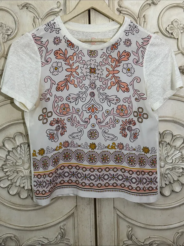Tory Burch Kayla Mixed Media Top Silk Front Linen Back size Large Lightweight - Image 2