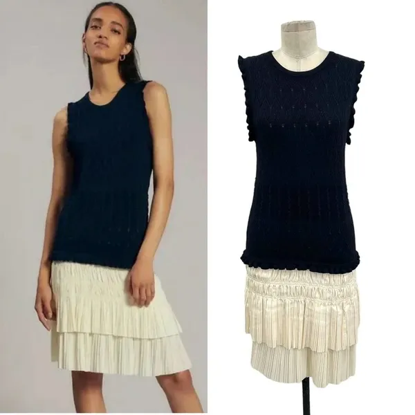 Anthropologie Current Air‎ Pleated Mini Dress Navy Blue Ivory White Size Large - Image 2