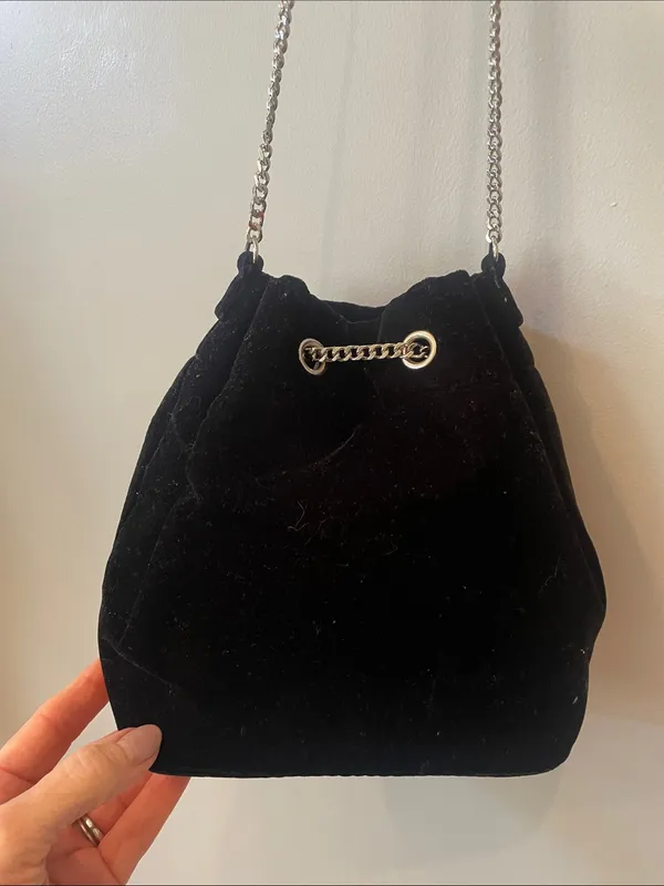Black Velvet Drawstring Bucket Bag with Silver Chain Tassels - Image 4