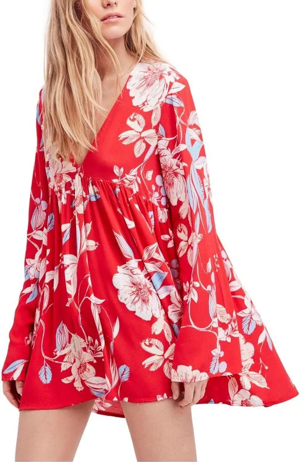 Free People Bella Red Floral Print Tunic long sleeve mini dress - Image 2