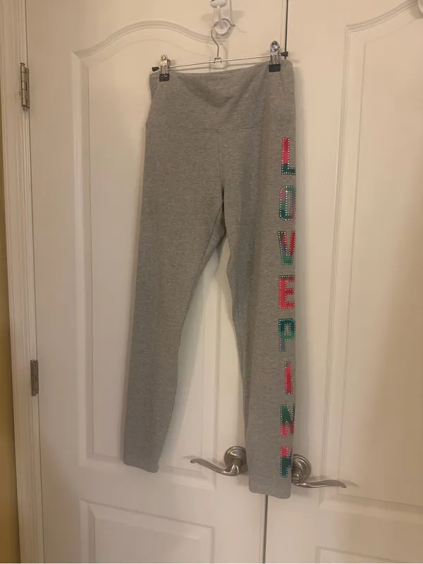PINK Victoria's Secret Gray Leggings with Pink & Teal Lettering w/rhinestones! - Image 3