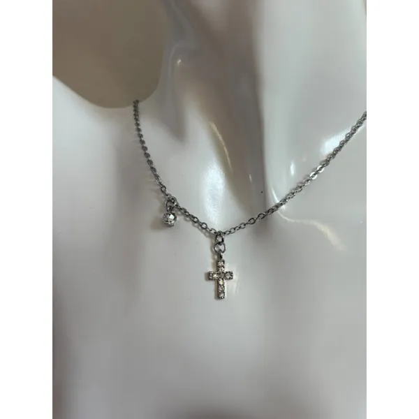 Silver Cross Rhinestone Necklace - Image 2