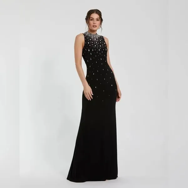 MAC DUGGAL 2260 Black High Neck Sleeveless Beaded Jersey Fitted Gown Size 6 - Image 3