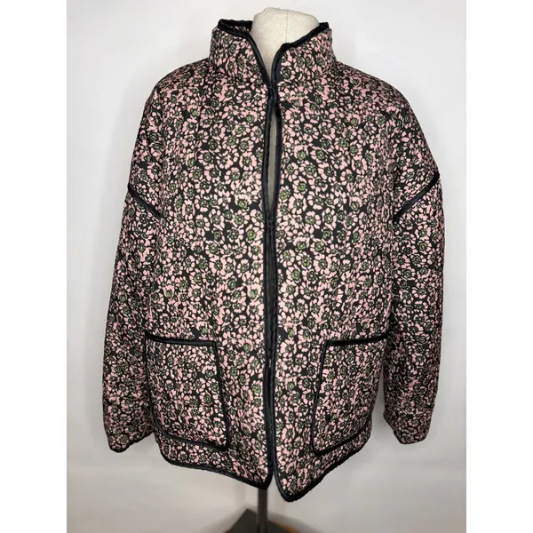 Floral Quilted Puffer Jacket Pink Green Black Open Front Pockets Large - Image 2