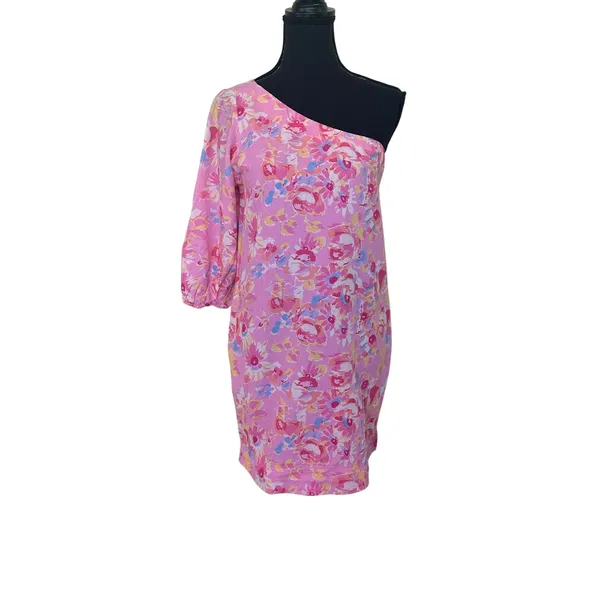 Something Navy Pink Floral Mini Dress MEDIUM One Shoulder Linen Shift Party $165 - Image 7