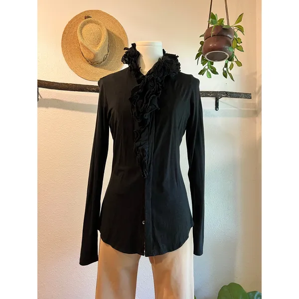 Blue Label 80s Ralph Lauren Black Ruffled Long Sleeve Cotton Blouse Size Medium - Image 12