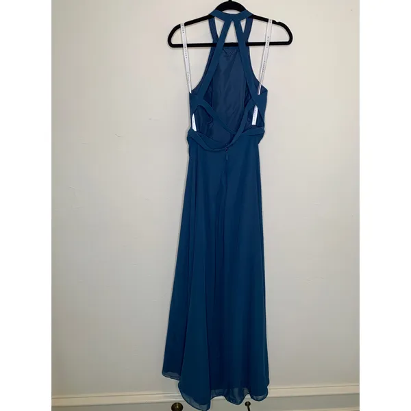 Azazie Teal Blue Strappy High Neck Halter Dress Sz 10A - Image 6