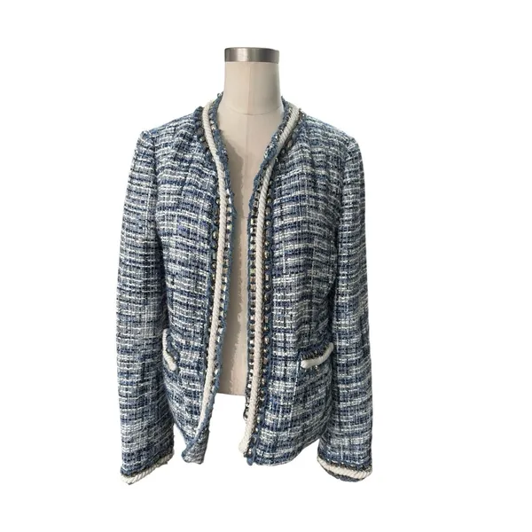 Boston Proper Blue Tweed Jacket Blazer Size 8 Bead Accents Rope Trim - Image 13