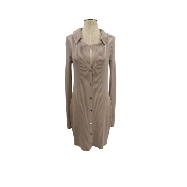 LPA Naolin Taupe Rib Knit Open Back Collared Bodycon Mini Dress‎ Size Medium - Image 4