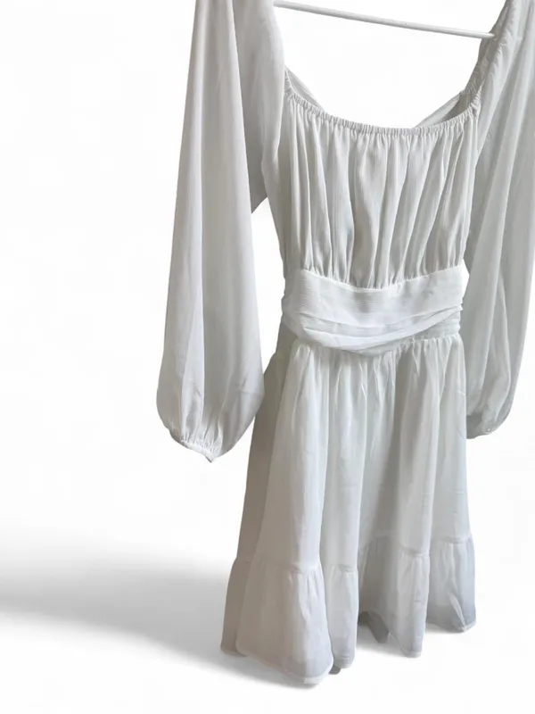 FOROLAV White Chiffon Puff Sleeve Tie-Back Mini Dress - Image 3