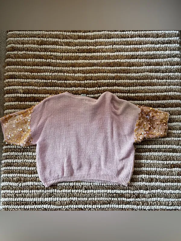 Vintage peachy orange Sequin baby pink Short Sleeve Top - Image 3