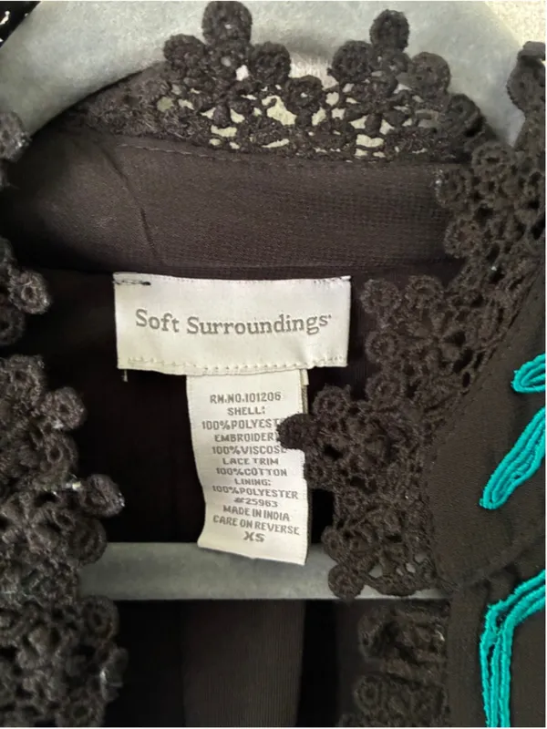 Soft Surroundings Padma Black Kimono XS Teal Embroidered Lace Trim - Image 3