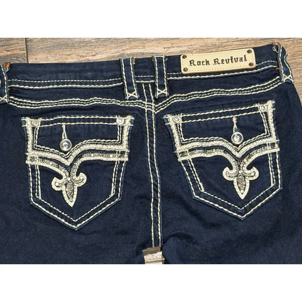 Rock Revival Janelle Bootcut‎ Jeans Dark Wash Low Rise Flap Pockets Bling SZ 28 - Image 10