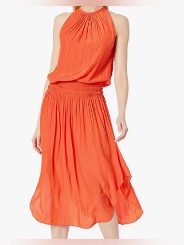 Ramy Brook Audrey smocked drop waist midi Dress in crimson Orange 🍊 - Image 9
