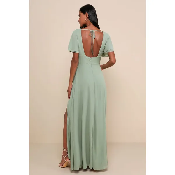 NWT Lulus Promise Of Love Sage Brush Flutter Sleeve Maxi Dress Bridesmaid Size S - Image 3