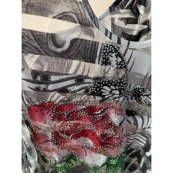 Vtg Y2K Papaya Sheer Striped Rhinestone Floral Animal Print Graphic Tank Sz S - Image 5