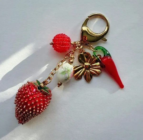 Red and gold handbag chain and keychain strawberry farm charms - Image 2