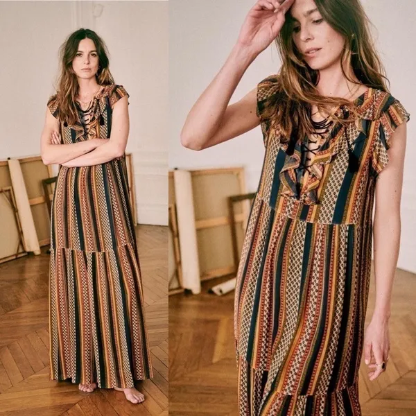Sézane Dress Dolores Sleeveless Striped Ruffle Maxi Prairie Maya 36 EUC - Image 8