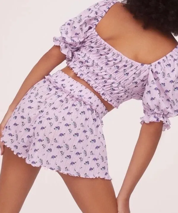 🆕 For Love And Lemons 🍋 Lilac Floral Smocked High Rise Pointelle Shorts - Image 3