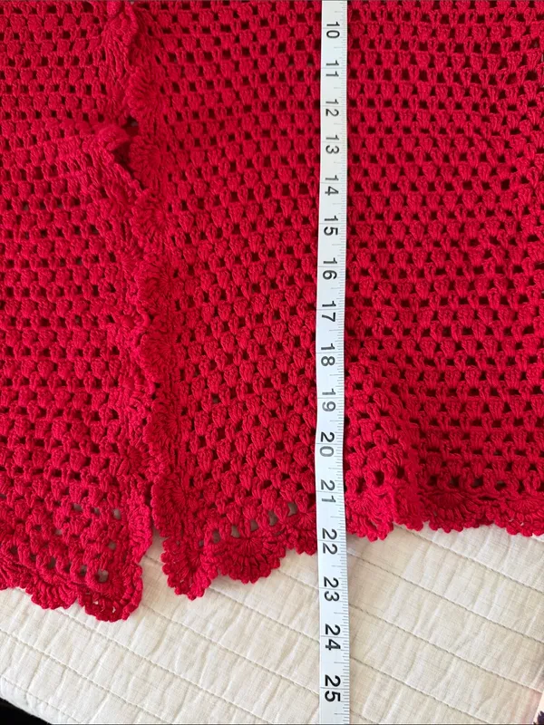 Norm Thompson red linen cotton, crochet knit, 3/4 sleeve sweater cardigan XL - Image 12