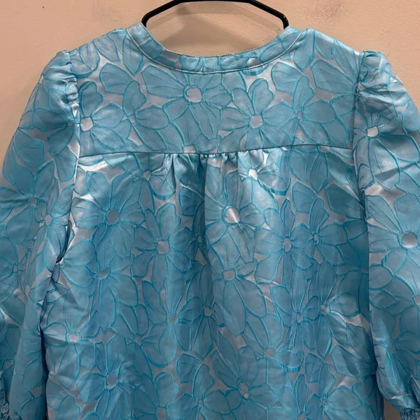 Pomander Place Blue Floral Jacquard Kenzo Tiered Mini Babydoll Dress‎ Medium NEW - Image 8