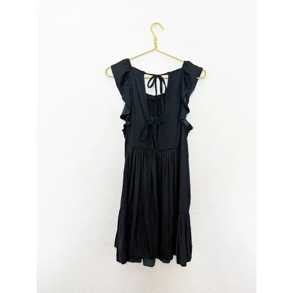 Free People Want Your Love Black Mini Dress Small Smocked Tie Back Boho Babydoll - Image 13