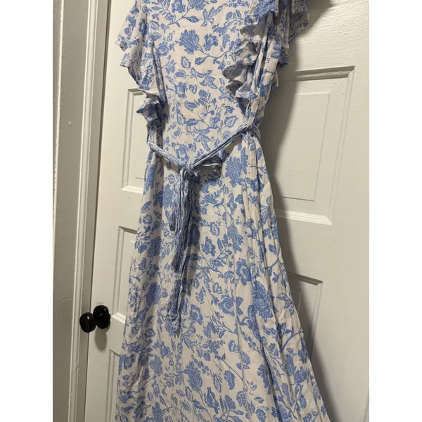 Bohme Blue‎ Floral Toile Ruffle Midi Dress Tie Waist Small - Image 13