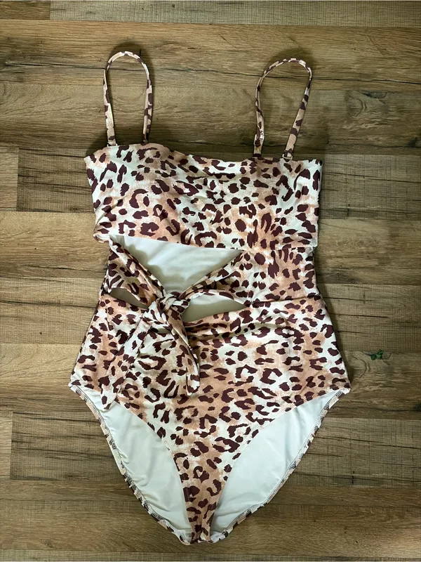 aerie Leopard Print Cutout One-Piece Swimsuit - Brown/Tan Sz L - Image 10