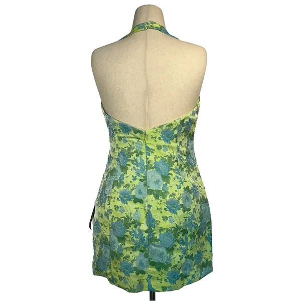 Lulus Ariadna Green and Blue Floral Jacquard Halter Mini Dress - Image 2